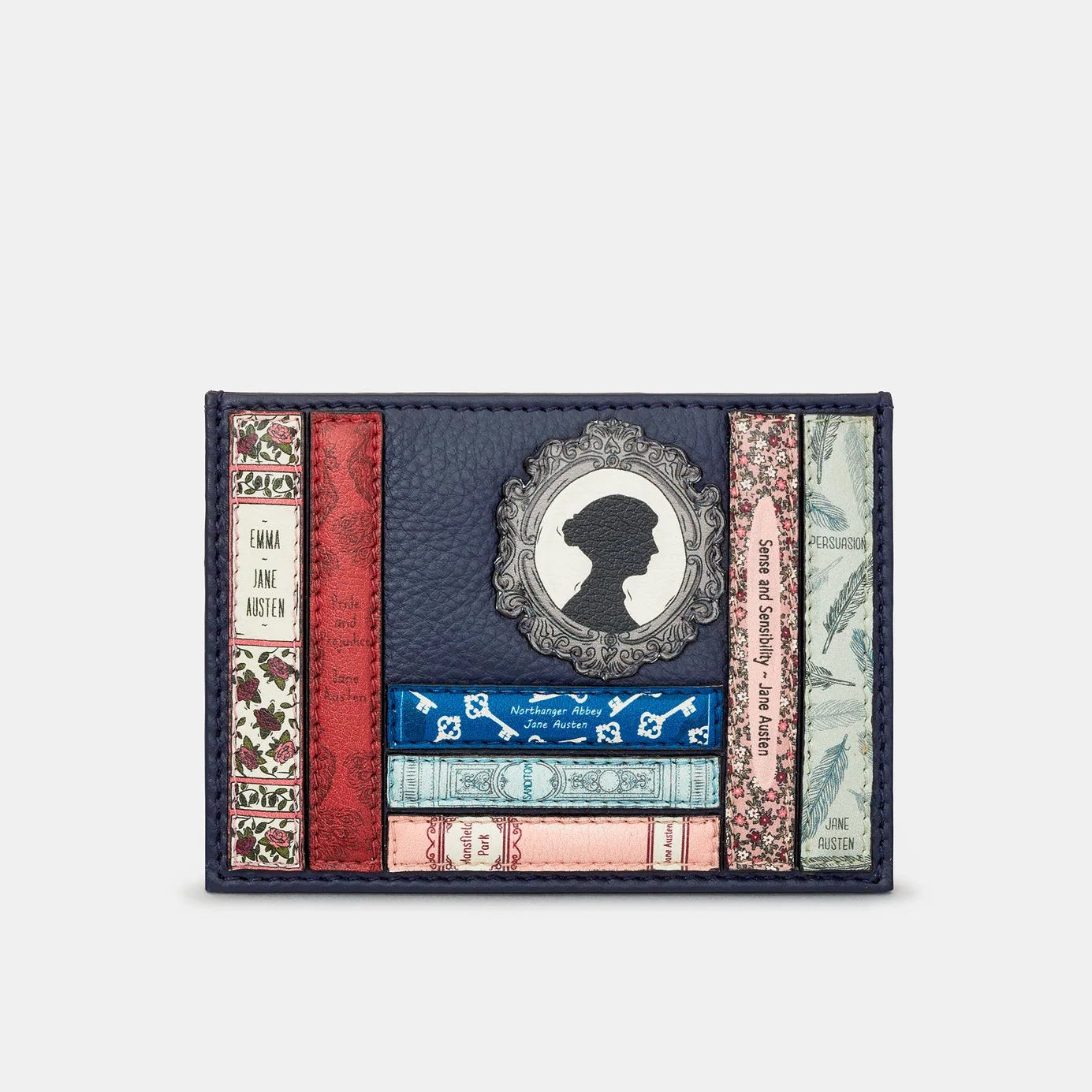 Front of Jane Austen Bookworm navy leather card holder by Yoshi with book-spine appliqués and cameo motif; slim RFID card wallet.