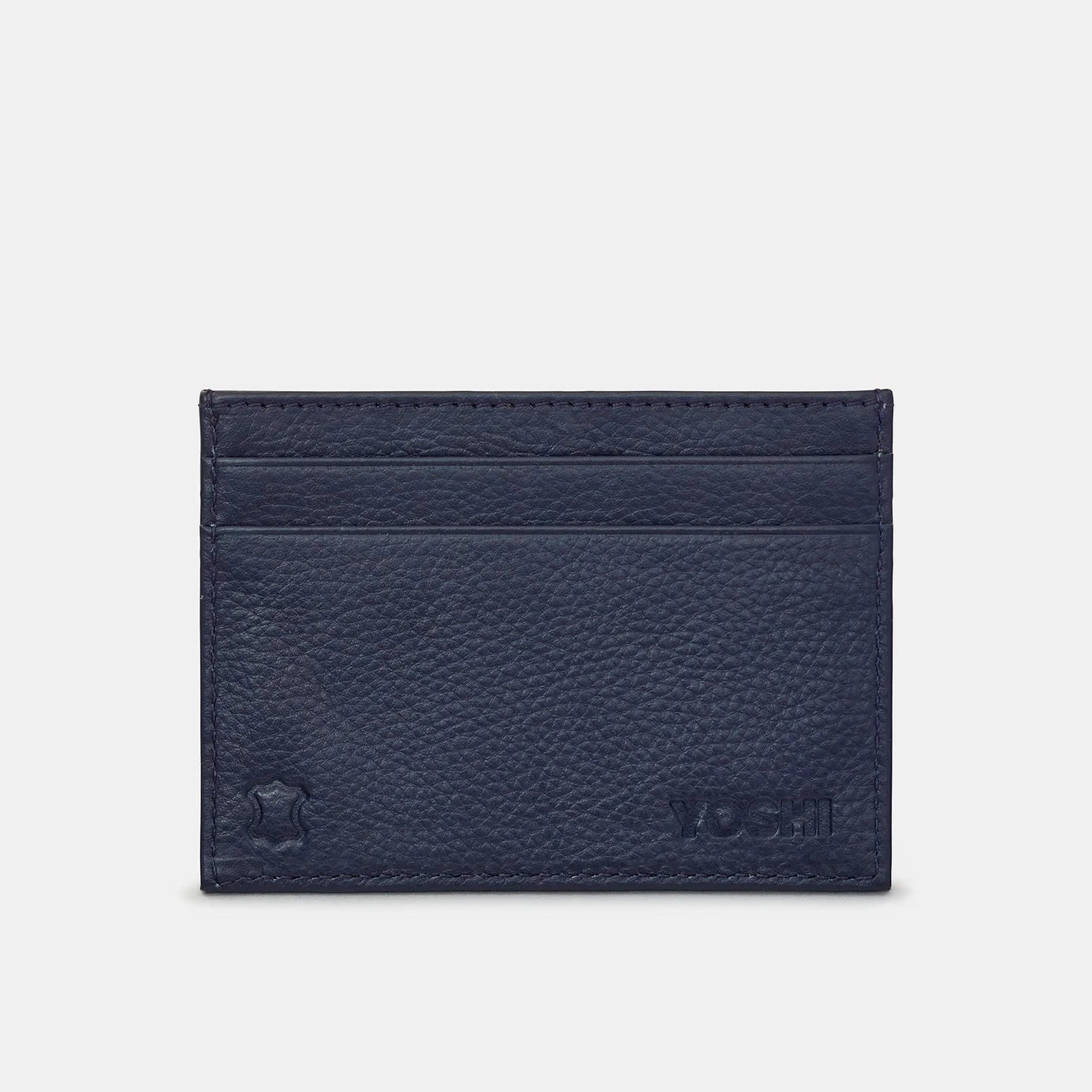 Back view of navy pebbled leather card holder showing two card slots and embossed Yoshi logo; RFID protected.