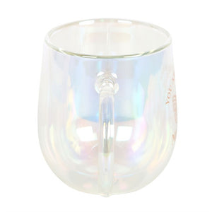 Back view of iridescent double-walled glass mug showing pearlescent shine and smooth handle.
