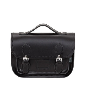 Black leather satchel with silver buckles.