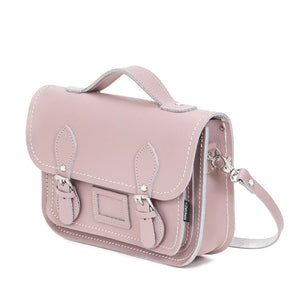 Side image of the leather satchel in rose quartz pink.