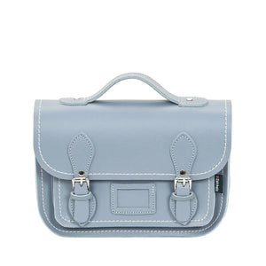 Lilac grey leather satchel with a top handle and buckle closers.