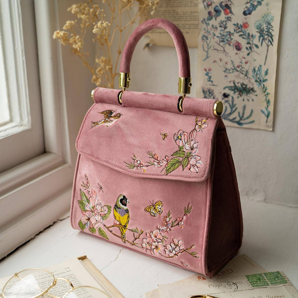 Morning Song Bird Embroidered Mini Pink Tote