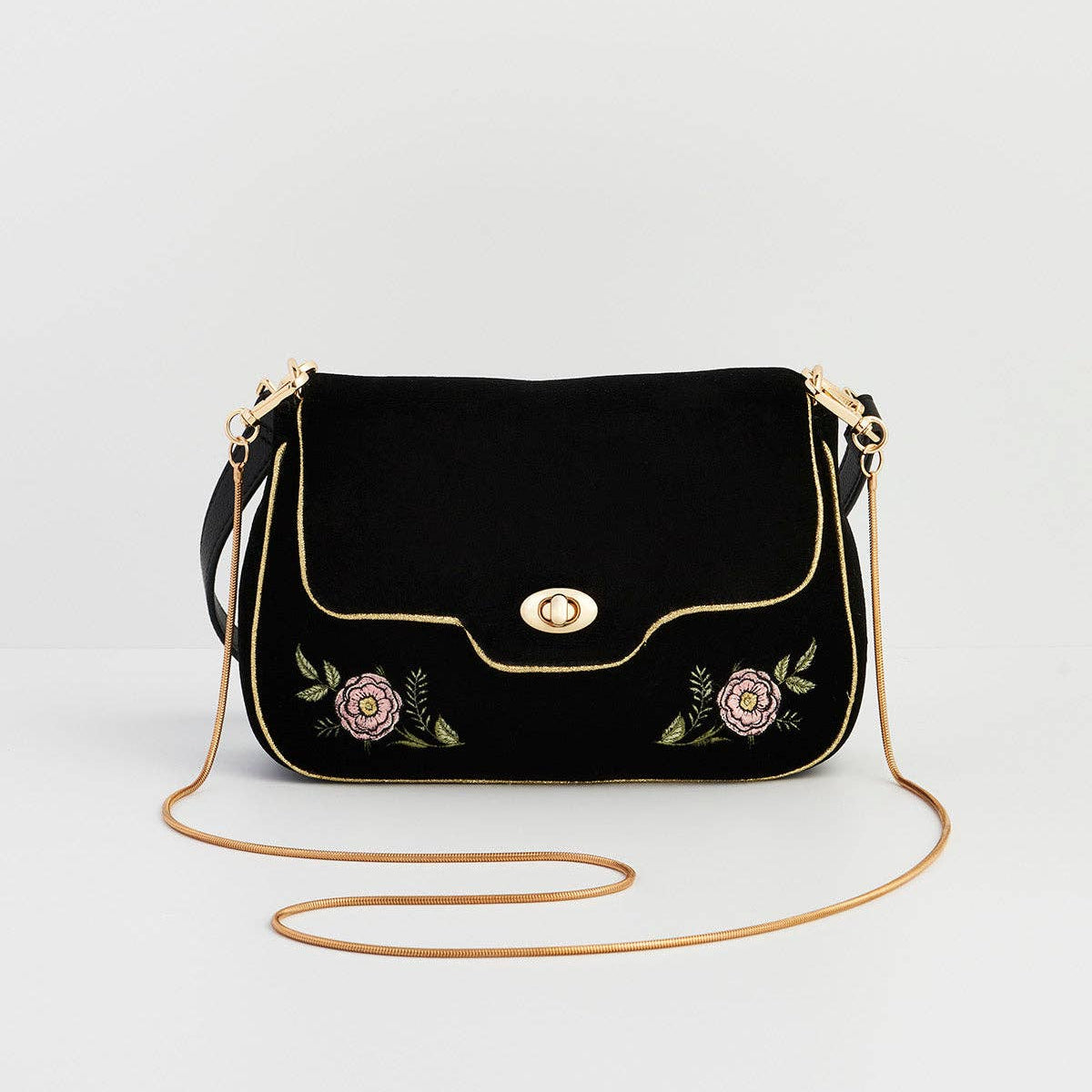 Rose Embroidered Black Shoulder Clutch