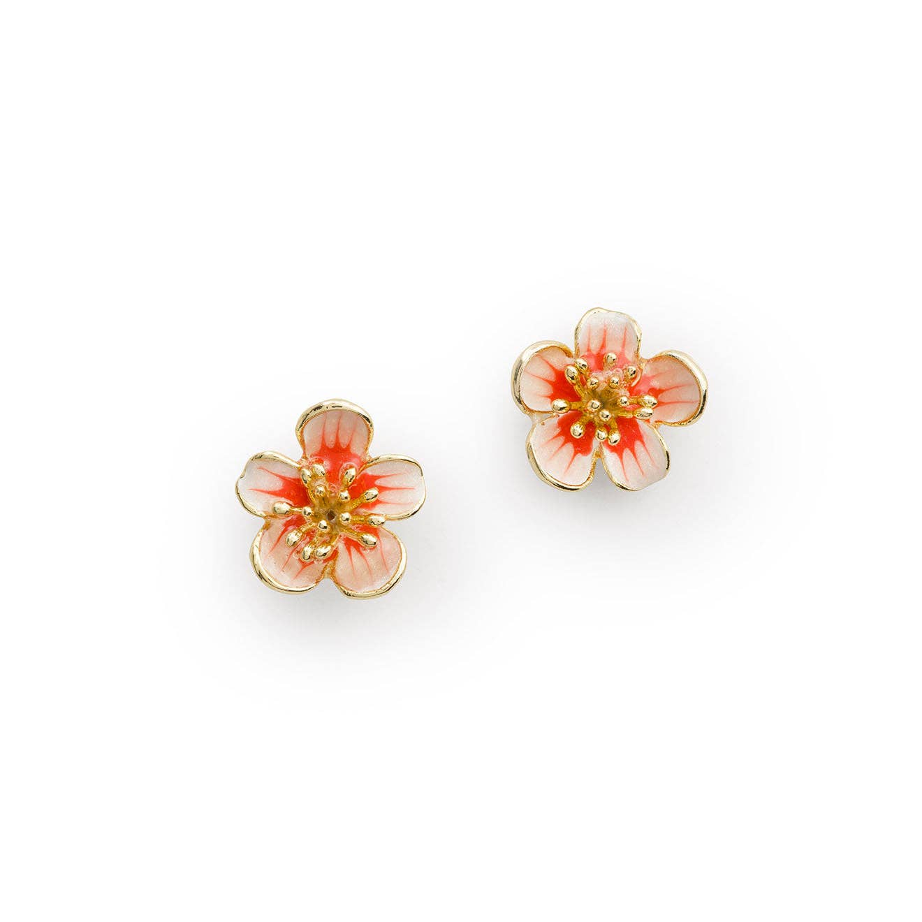 Apple blossom stud earrings pair with pink enamel petals and coral centres on white background