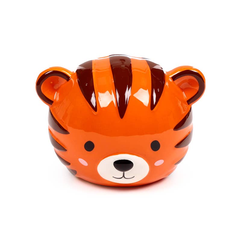Adoramals Alfie the Tiger ceramic money box shaped like a tiger’s head with orange and brown stripes and cute facial features.