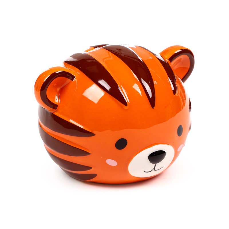 Side angle of Alfie the Tiger ceramic money box showing glossy orange finish and 3D ears.