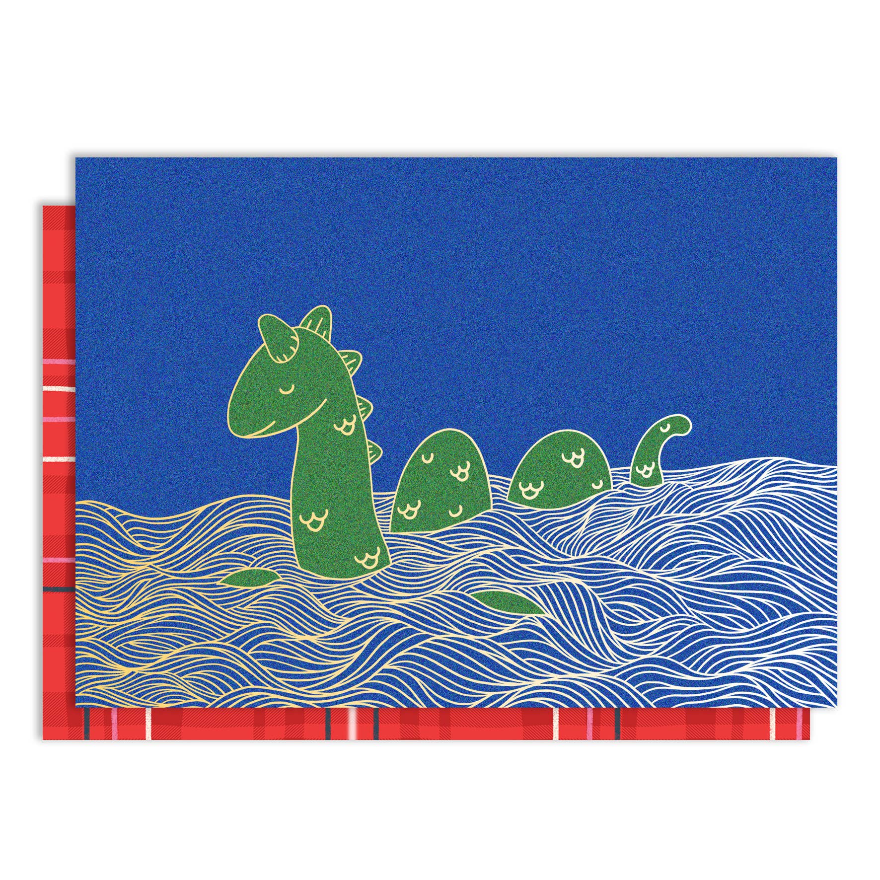 Loch Ness Monster gold foil card in blue with red tartan envelope