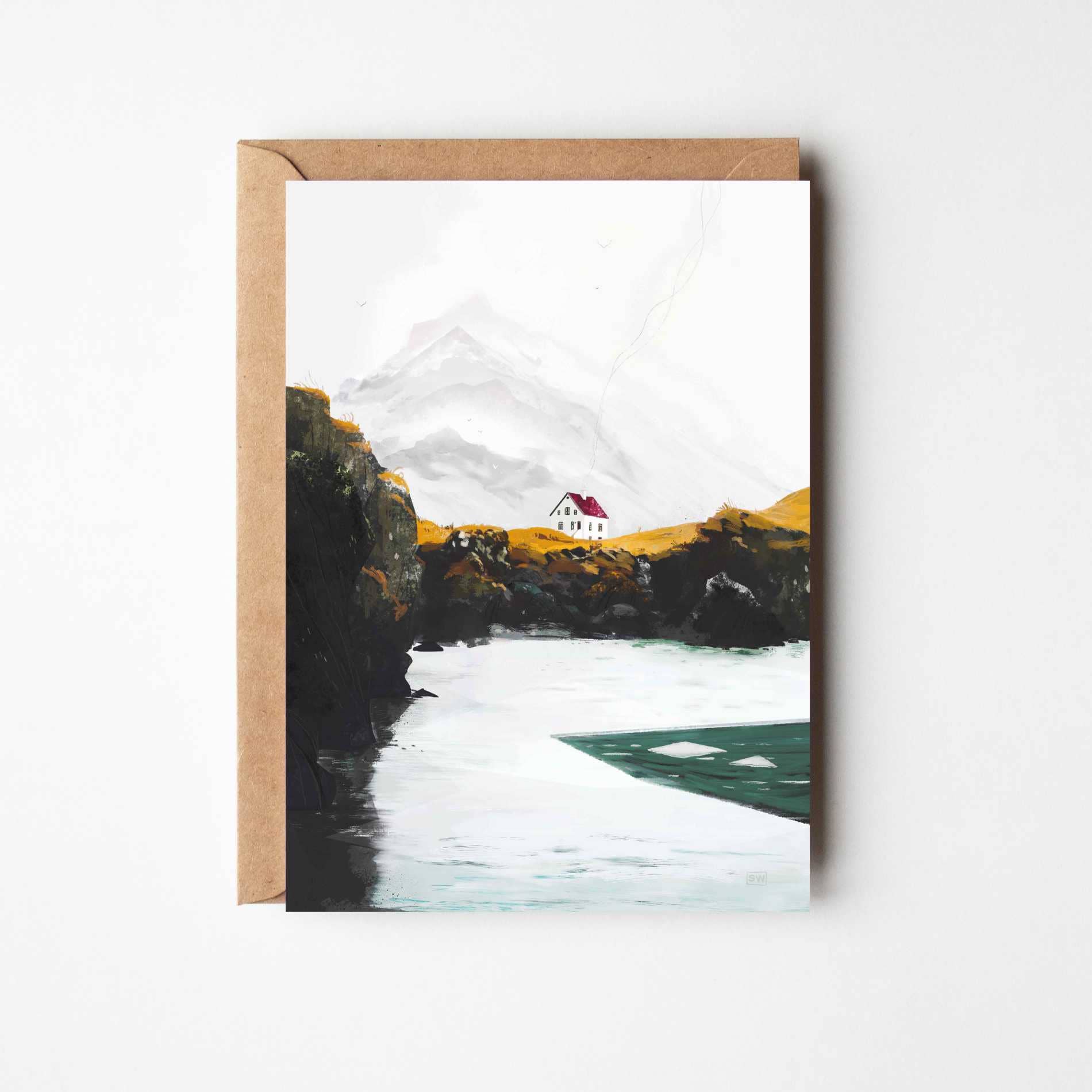 Aegir's Rest greeting card featuring Sara Willia's Icelandic landscape artwork with kraft envelope