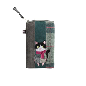 Earth Squared Tweed Applique Eyewear Case with a Cat design and pink and grey tweed.