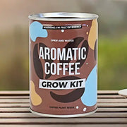 Aromatic coffee grow tin with colourful label on wooden table
