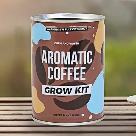 Aromatic coffee grow tin with colourful label on wooden table