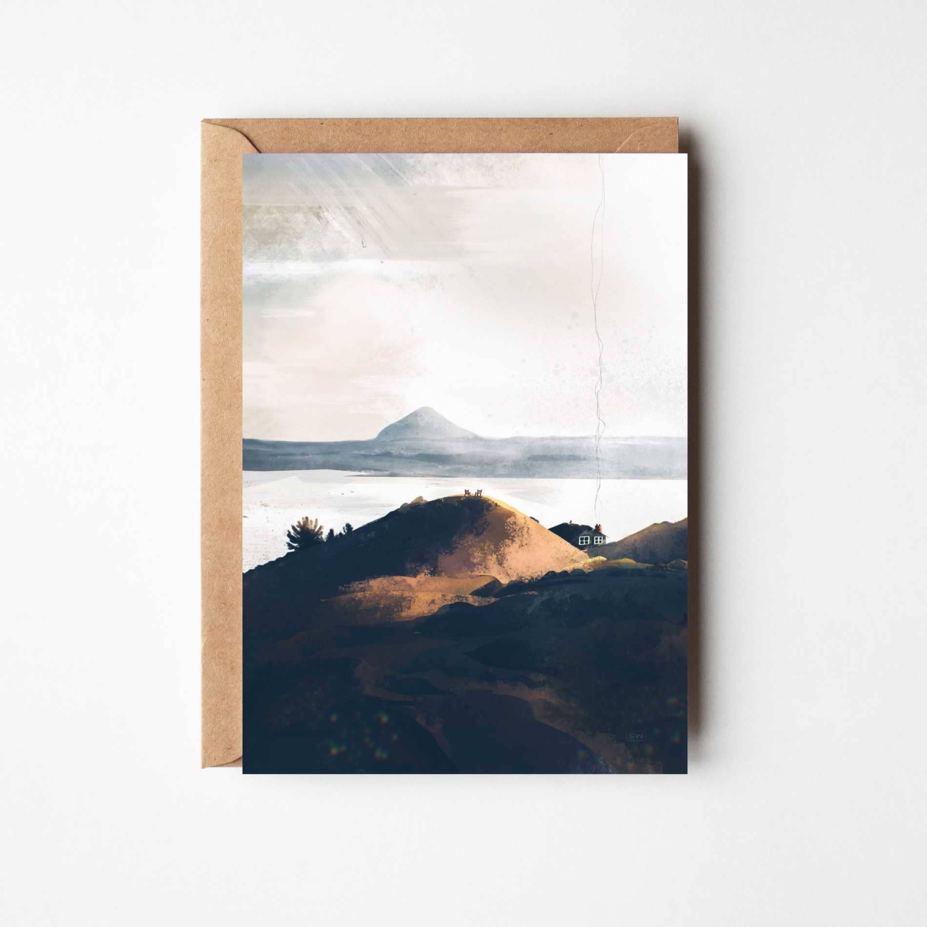 Arthur's Seat greeting card featuring Sara Willia's Edinburgh landscape artwork with kraft envelope
