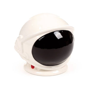 Close-up of Space Cadet Astronaut Helmet Ceramic Money Box showing white helmet and glossy black visor.