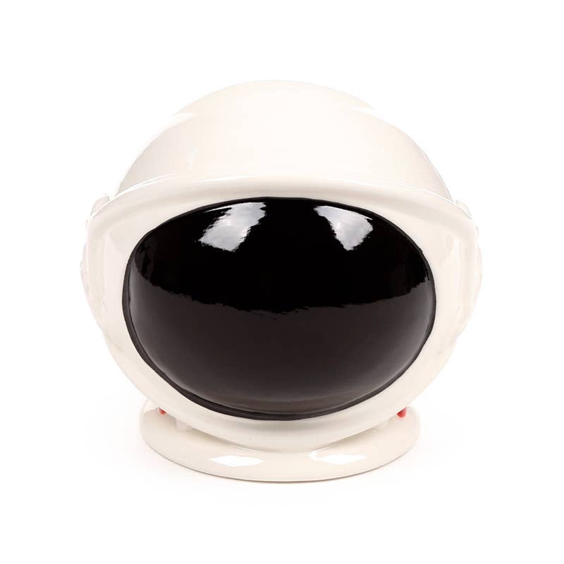 Front view of Space Cadet Astronaut Helmet Ceramic Money Box with shiny black visor facing forward.