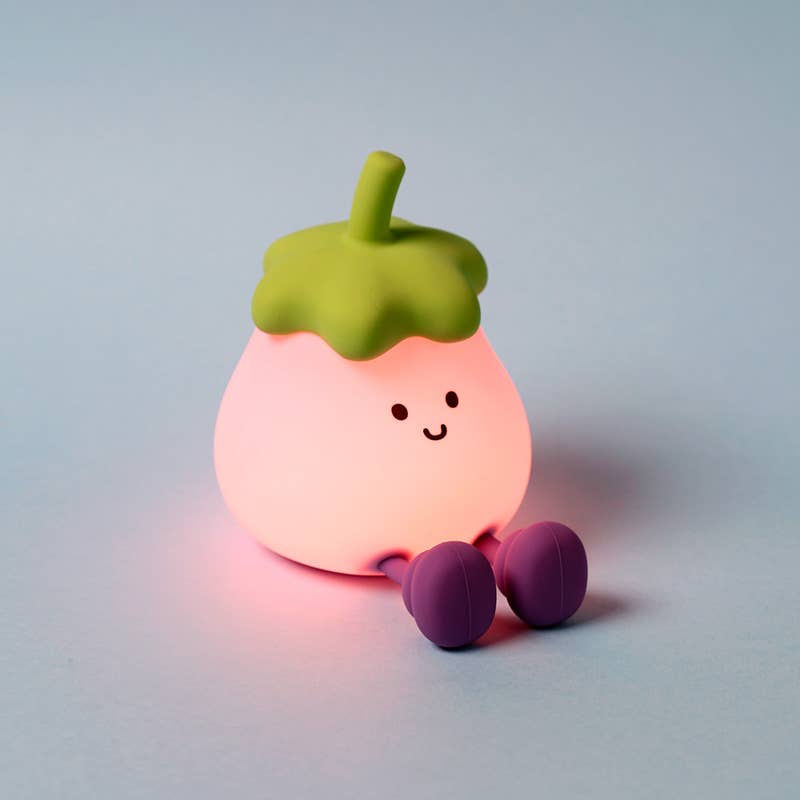 Aubergine LED Night Light glowing softly with a smiling face, green leaf top, and purple feet.