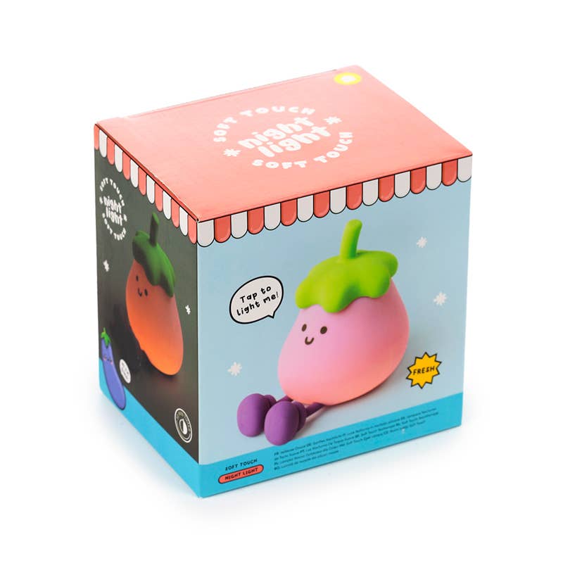 Product packaging for Aubergine LED Night Light with playful illustrations and “Tap to light me” text.