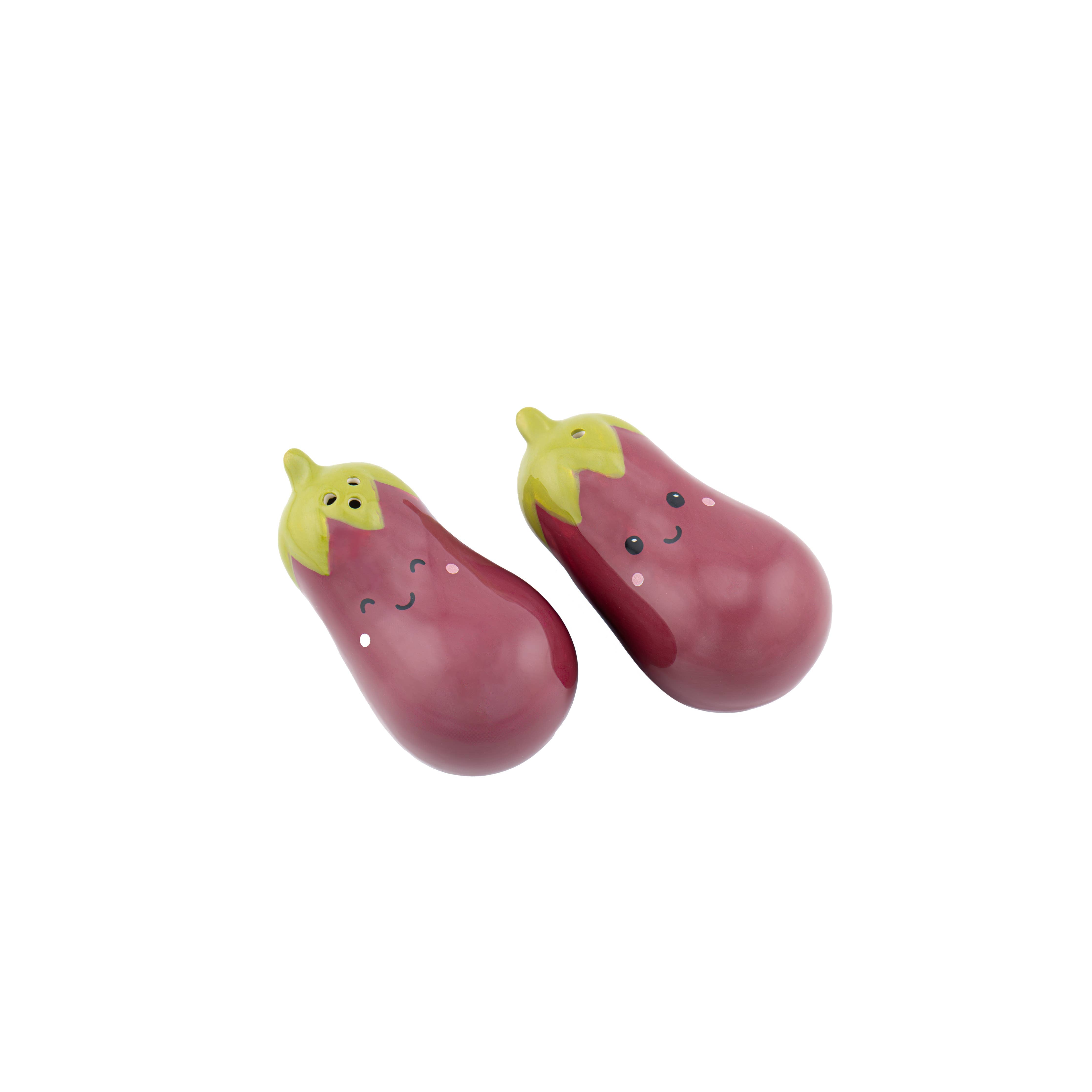 Pair of glossy purple ceramic aubergine shakers with green stems