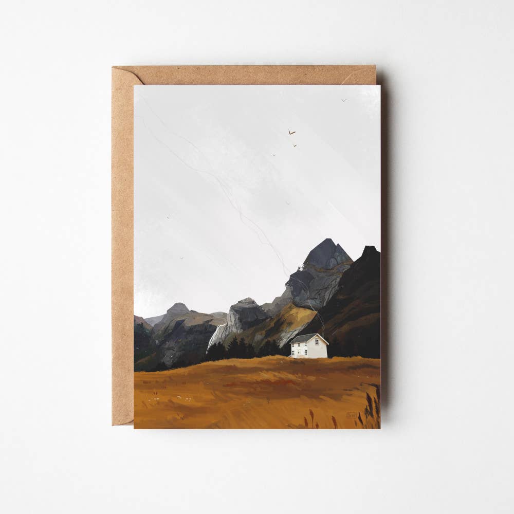 Aurora Escape greeting card featuring Sara Willia's Northern Lights landscape artwork with kraft envelope