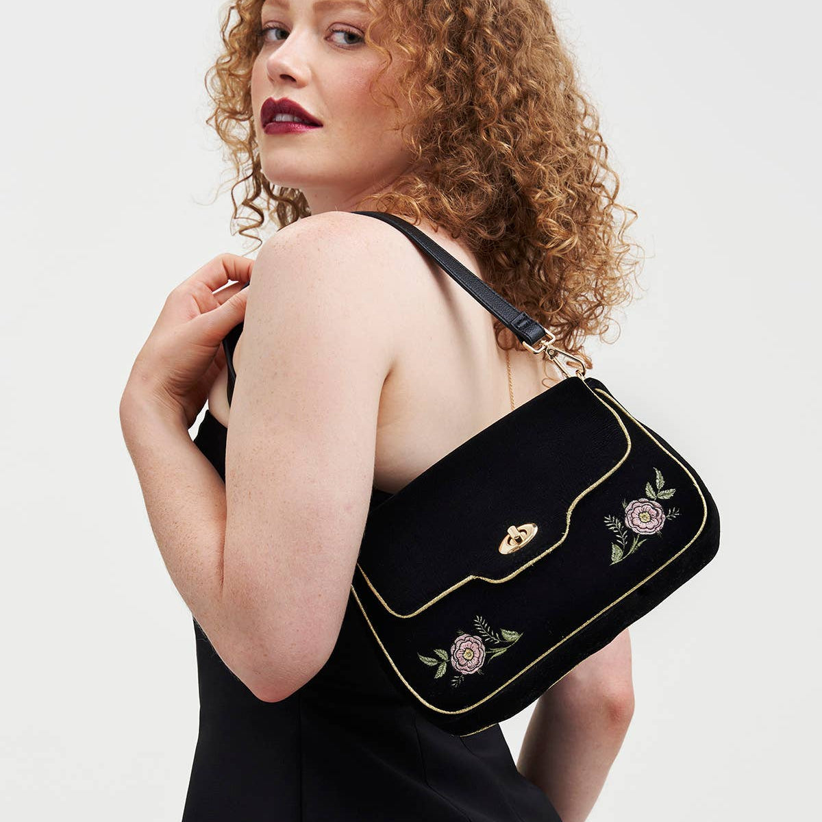 Rose Embroidered Black Shoulder Clutch