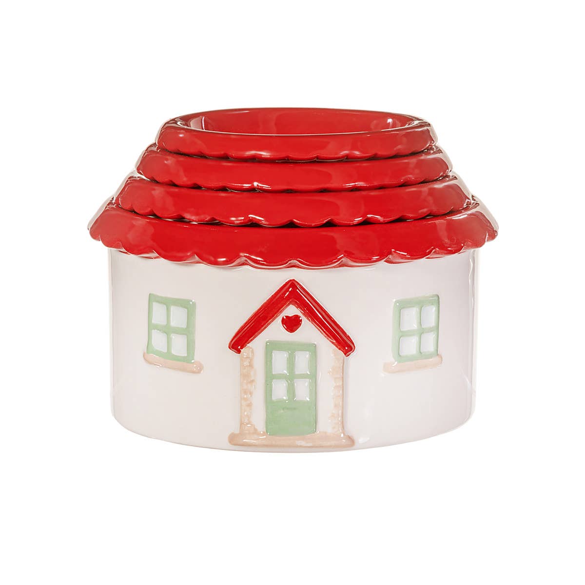 Close-up of house-shaped measuring cup showing red roof and white walls