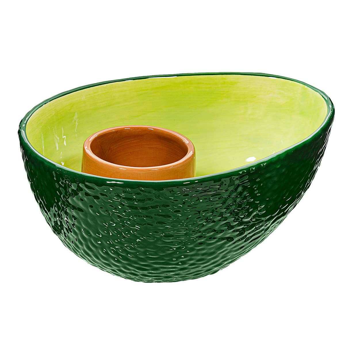 Green ceramic avocado-shaped chip and dip bowl with brown pit centre on white background