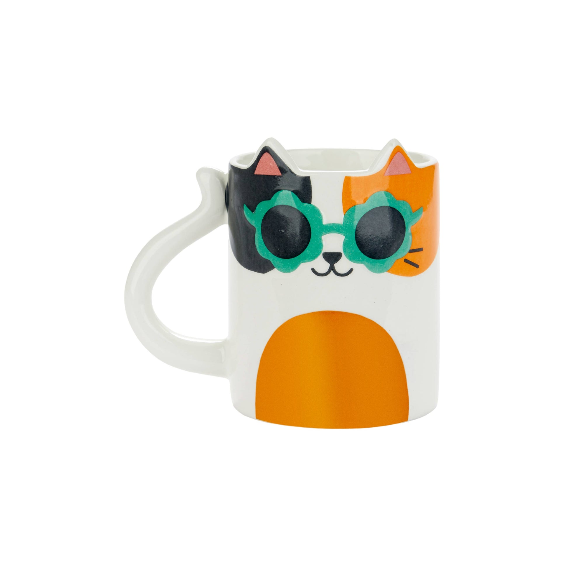 Cool Cat white ceramic mug with green heart sunglasses and tail handle, white background