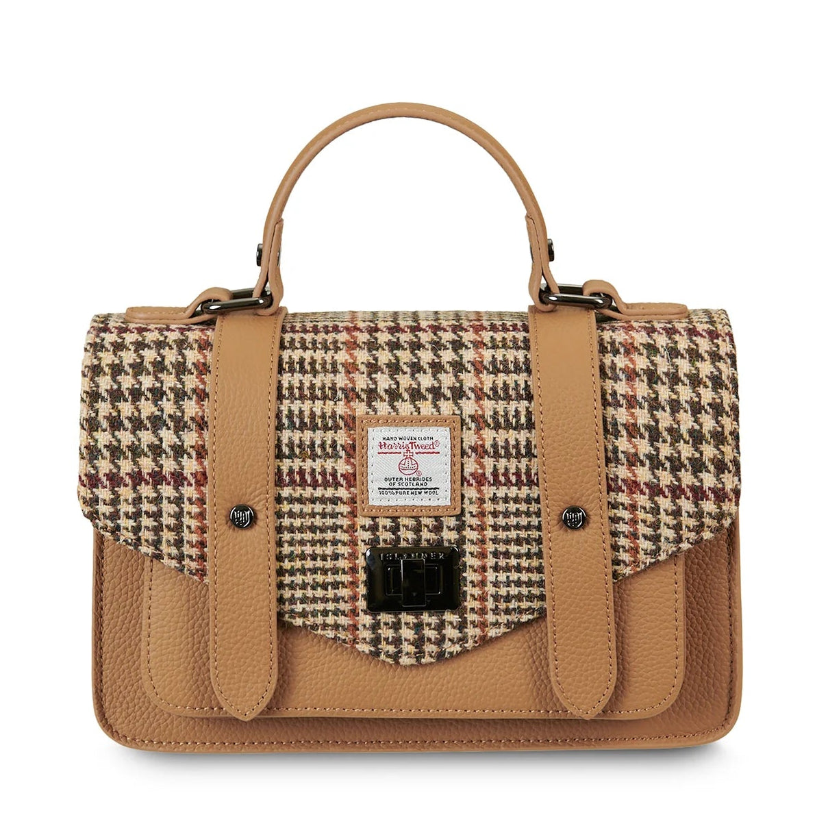 Beige dogtooth Harris Tweed medium leather satchel front view with top handle.