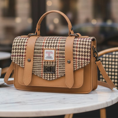 Beige Dogtooth Harris Tweed Medium Leather Satchel
