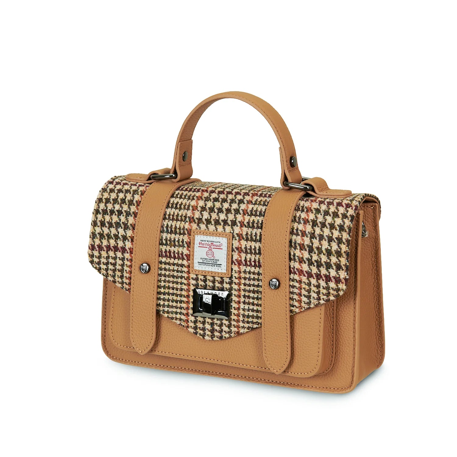 Angled front view of beige Harris Tweed medium leather satchel on white background.