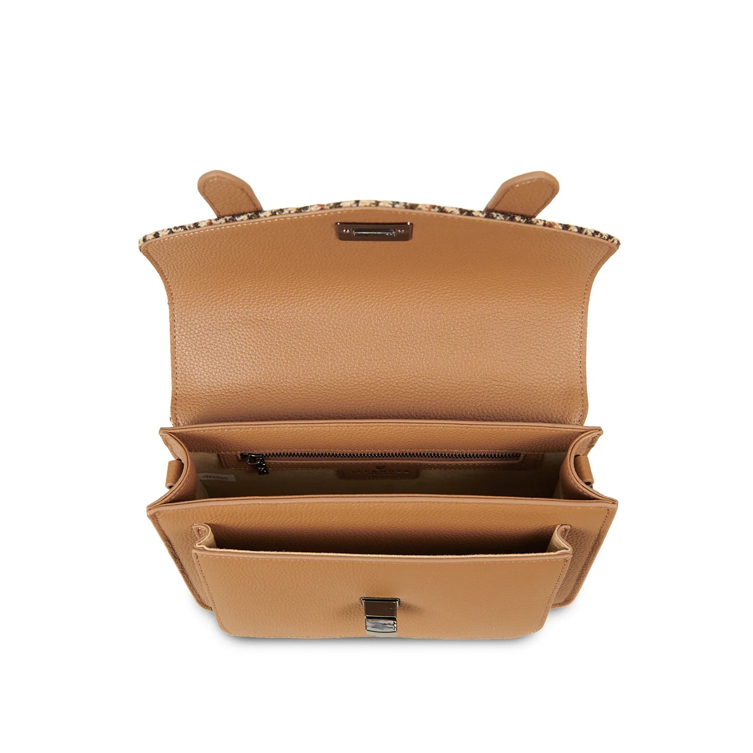 Open interior of beige medium leather satchel showing compartments and zip pocket.