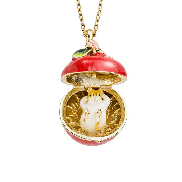 Open apple blossom and mouse locket pendant showing mouse detail on white background