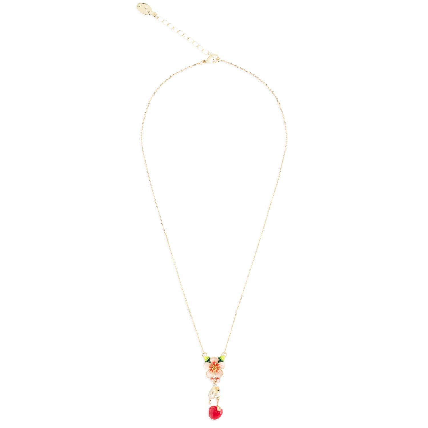 Full view of Apple & Mouse Blossom Pendant necklace with gold chain and extender clasp.