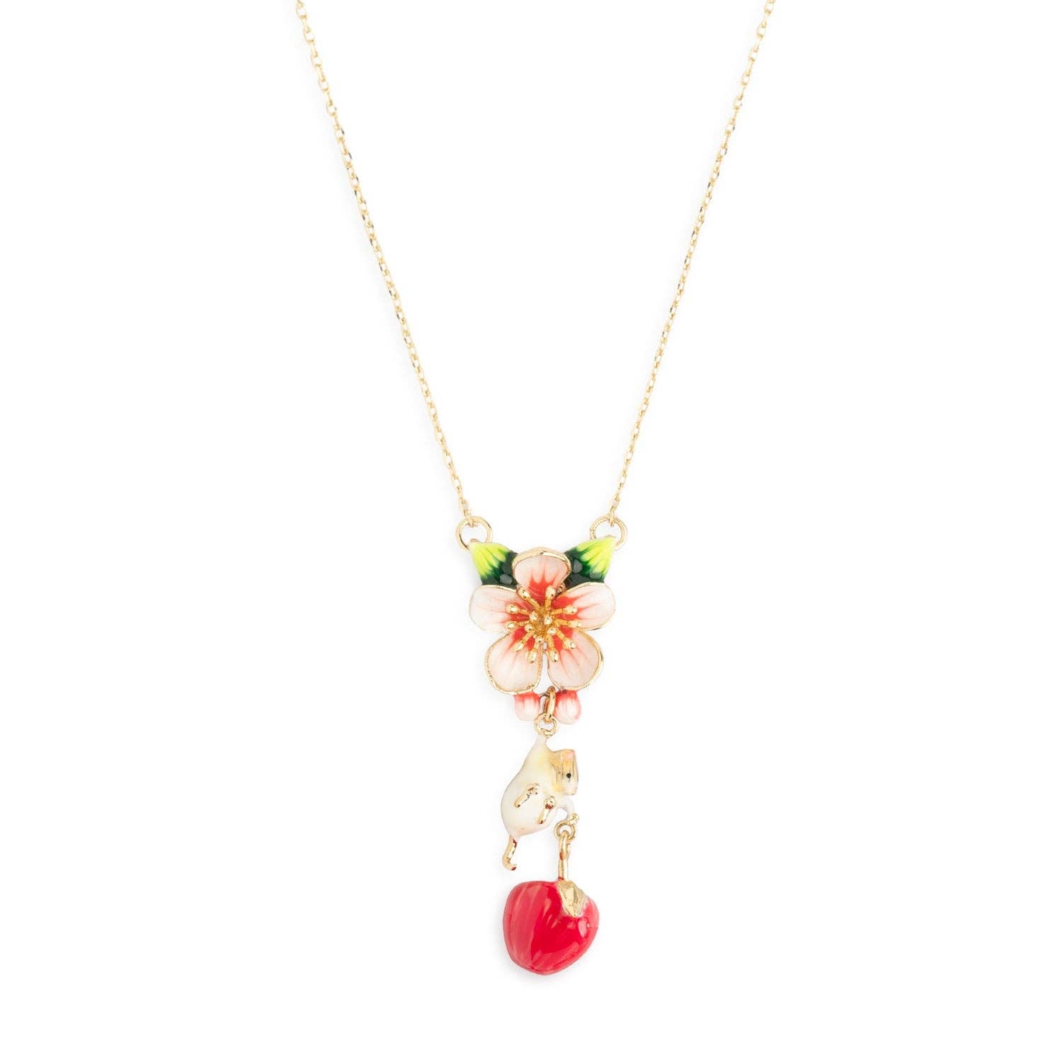 Bill Skinner Apple & Mouse Blossom Pendant featuring hand-painted blossom, tiny mouse, and red apple charm.