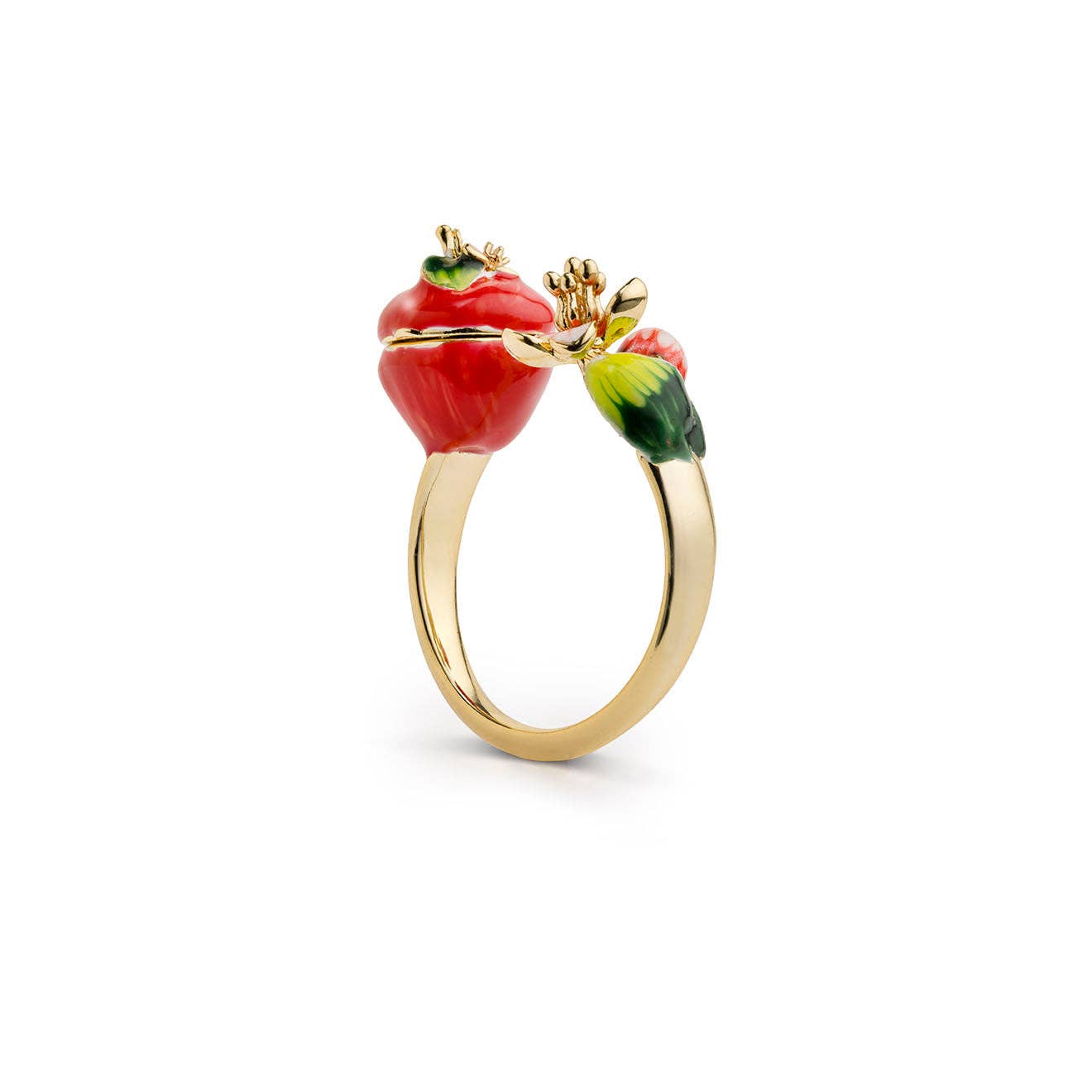 Close-up of Bill Skinner ring featuring red enamel toadstool design with hidden mouse detail