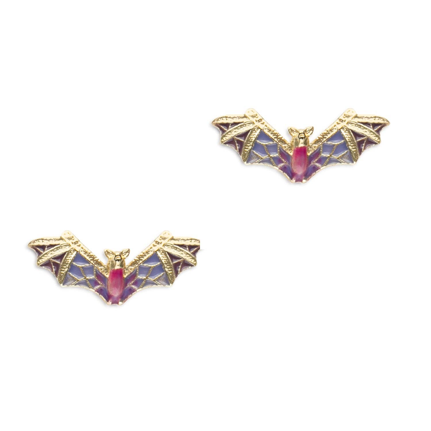 Purple and gold enamel bat stud earrings on white background