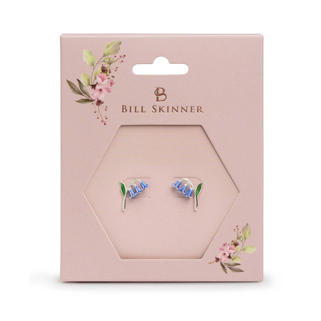 Earring packaging with 'Bill Skinner' branding on a white background