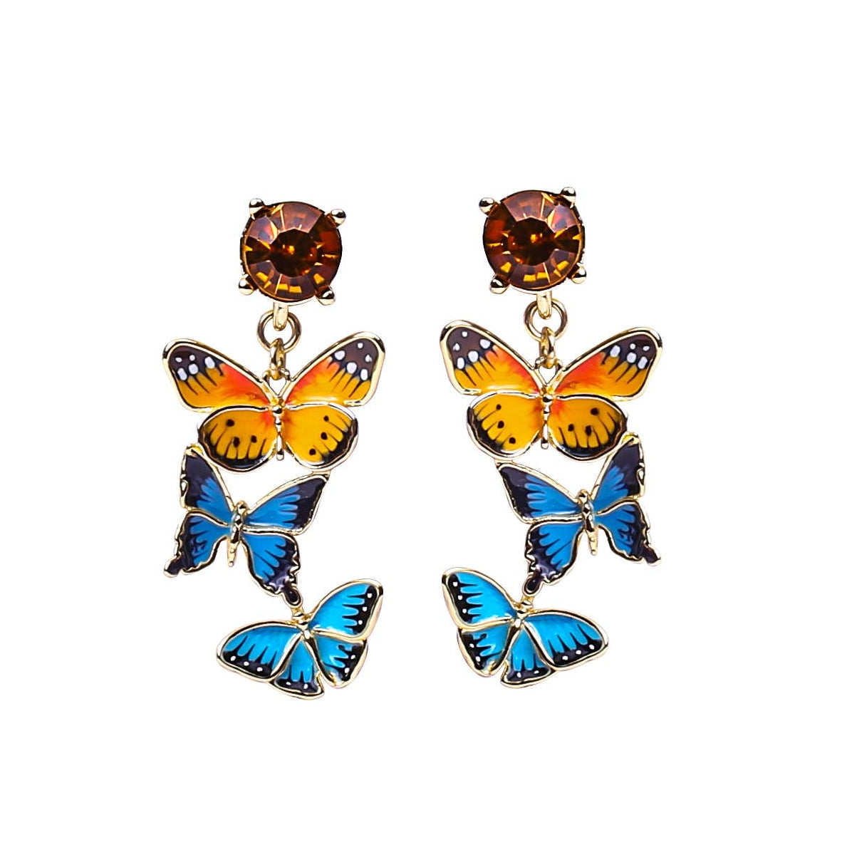 Butterfly Drop Earrings with orange and blue enamel butterflies on gold-plated setting.
