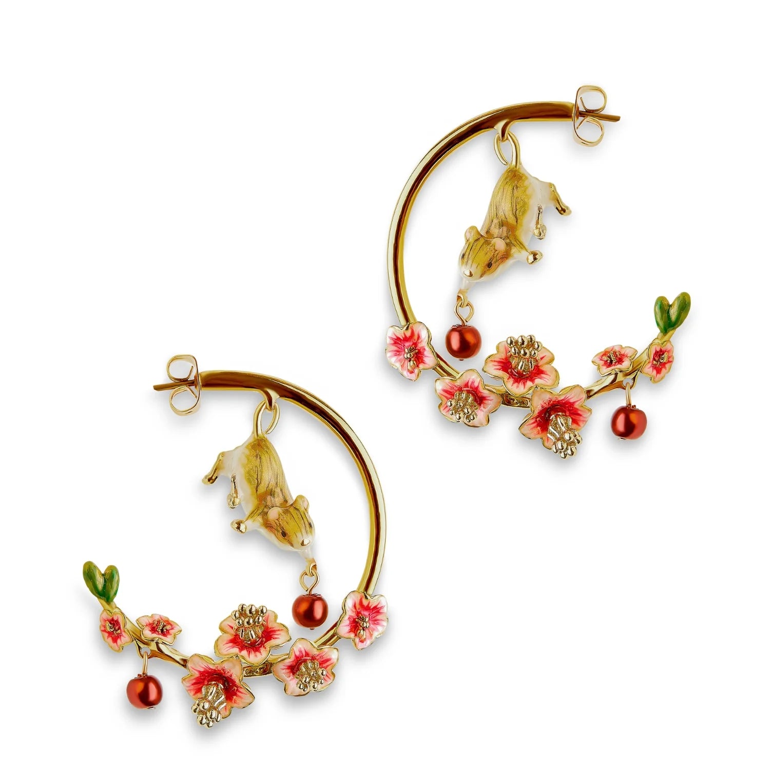 Conker Mouse Hoop Earrings with hand-painted enamel mice and floral detailing on gold hoops.