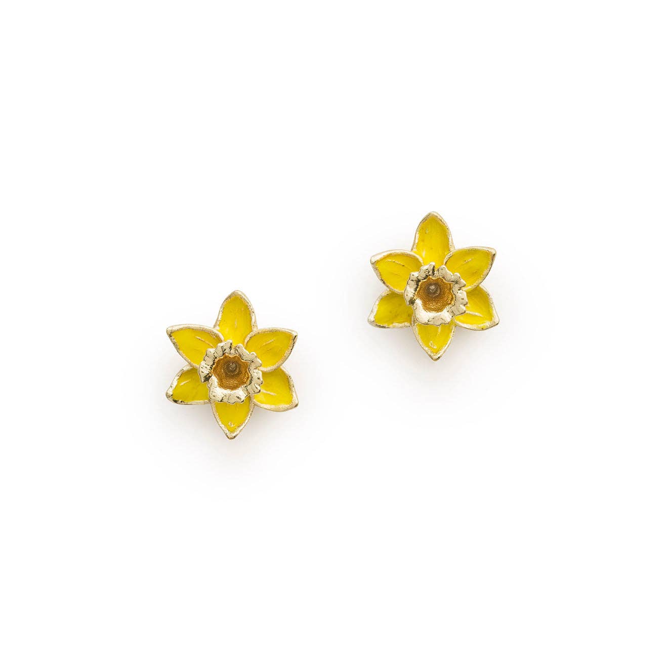 Yellow daffodil stud earrings with gold detailing on white background