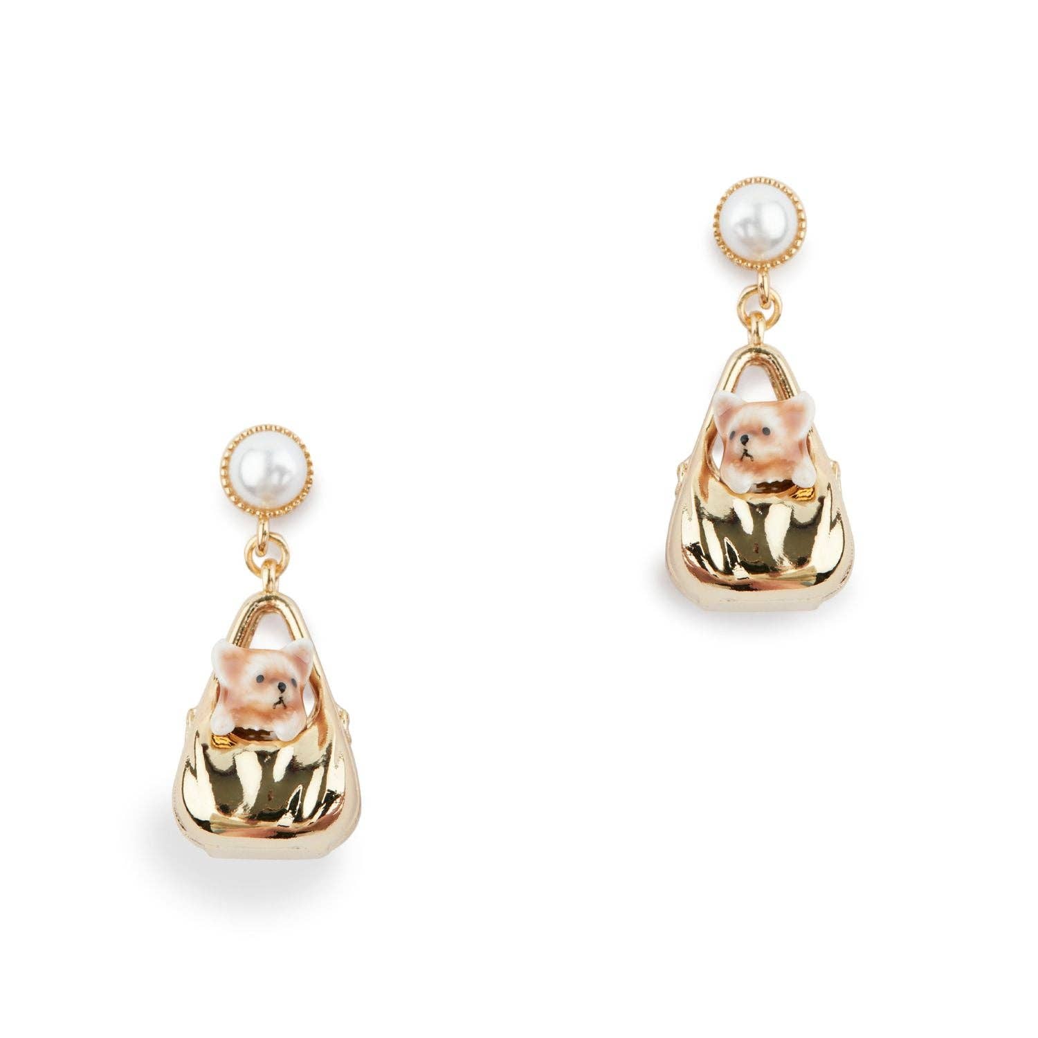 Bill Skinner Dog in a Bag Drop Earrings featuring gold-plated bags with enamel dog detail and pearl studs.