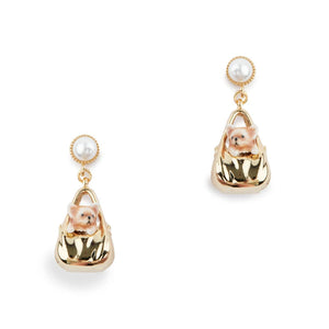 Bill Skinner Dog in a Bag Drop Earrings featuring gold-plated bags with enamel dog detail and pearl studs.