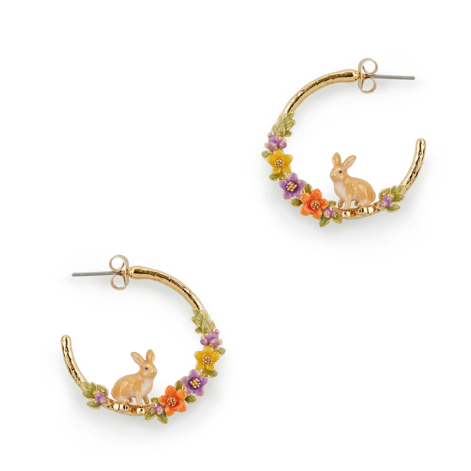 Bill Skinner Enamel Rabbit Hoop Earrings with hand-painted rabbit and colourful floral enamel details.