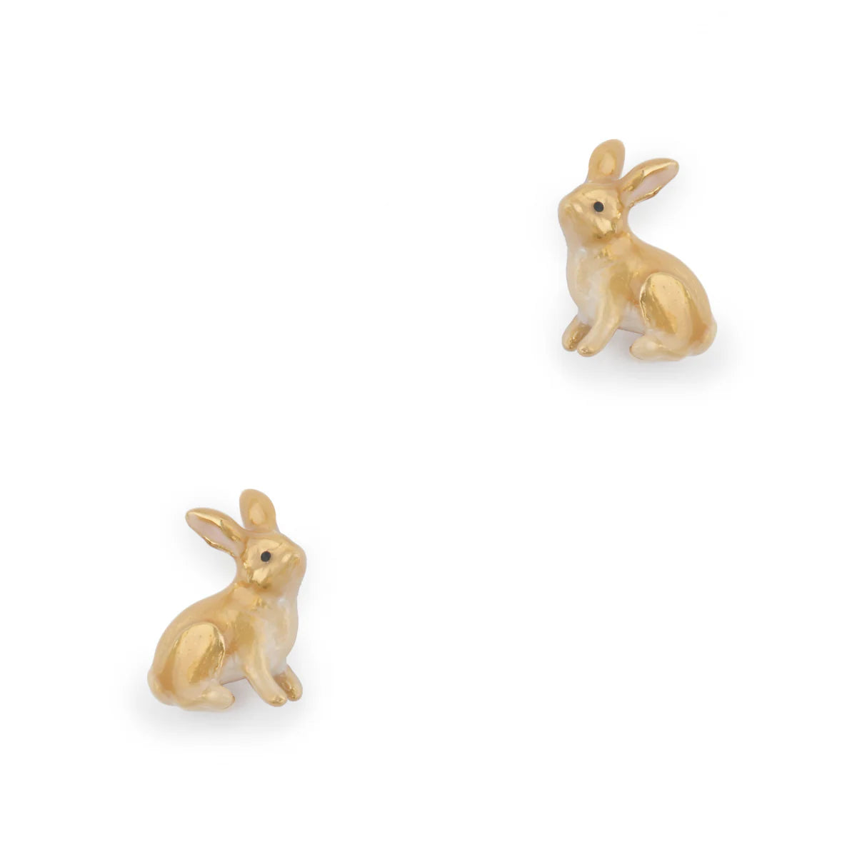 Enamel rabbit stud earrings in golden yellow by Bill Skinner shown on white background.