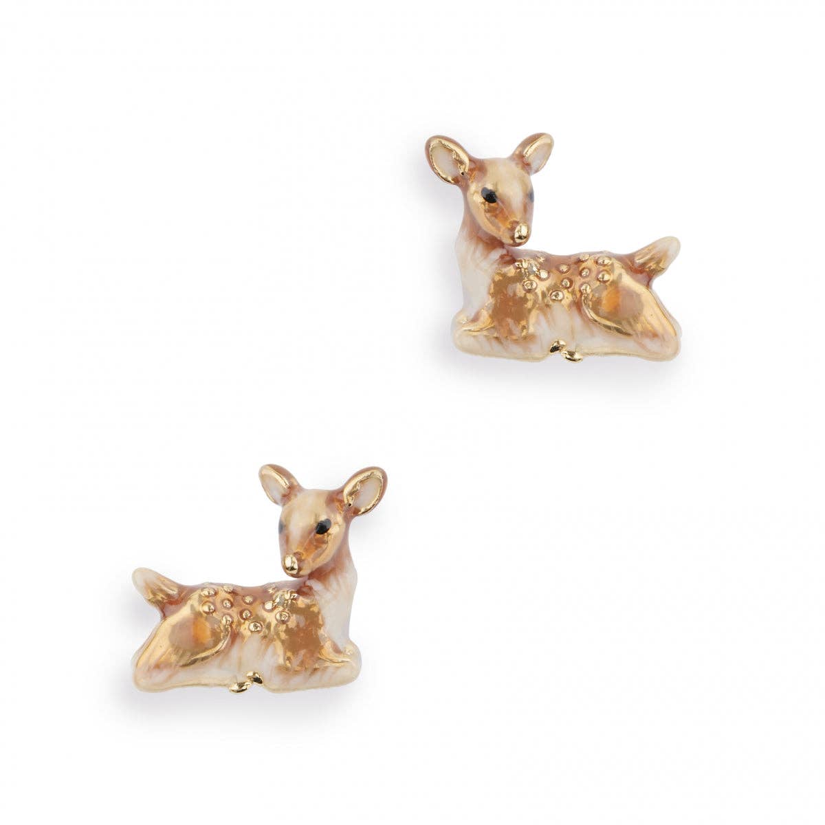 Bill Skinner Fawn Stud Earrings featuring hand-painted enamel fawn design with gold detailing.