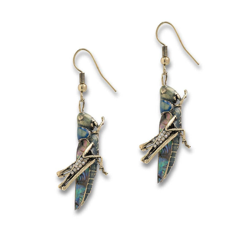 Green resin grasshopper drop earrings with crystal accents and gold fish hook fastening on white background