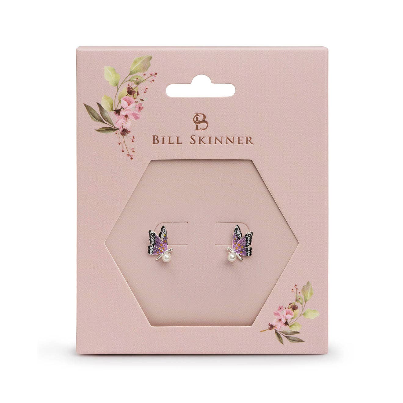 Butterfly earrings in a 'Bill Skinner' branded pink packaging with floral designs.
