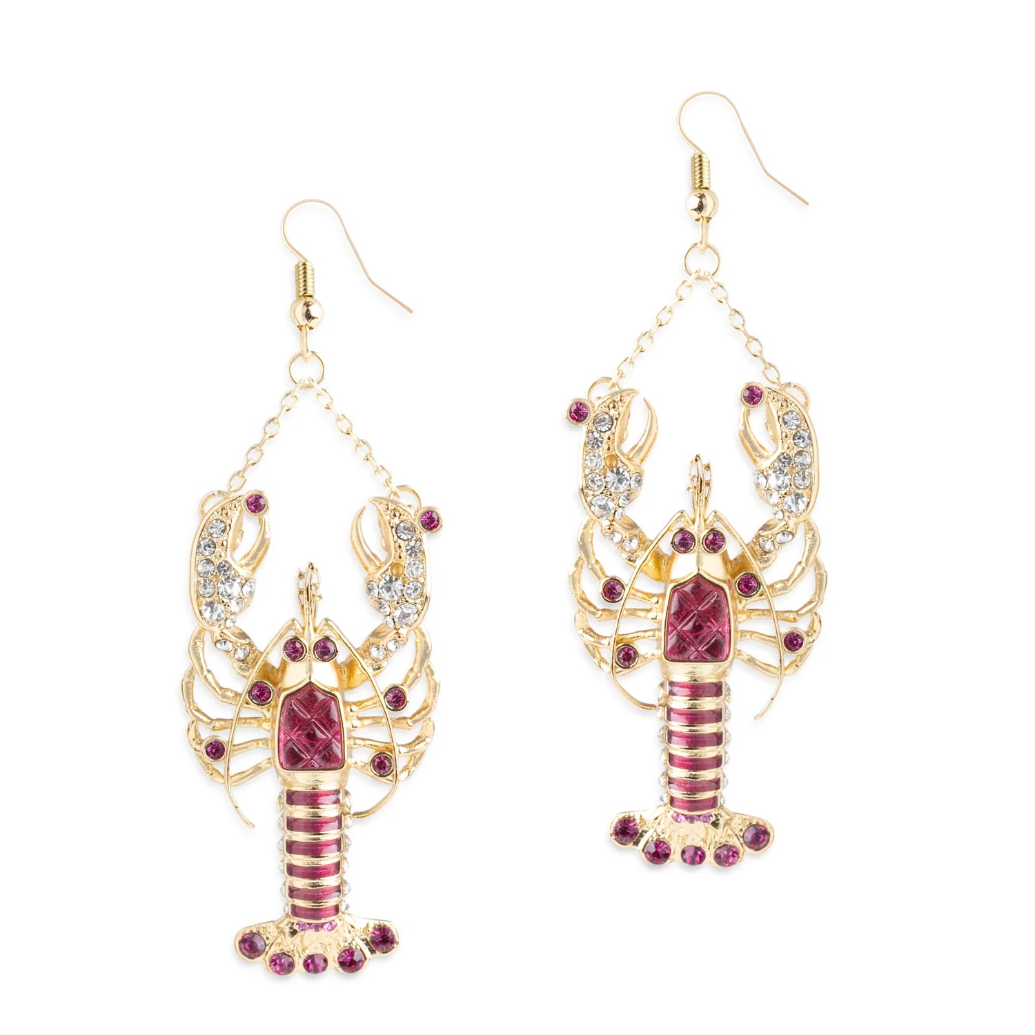 Pair of Bill Skinner lobster drop earrings with gold plating and red crystals on white background.