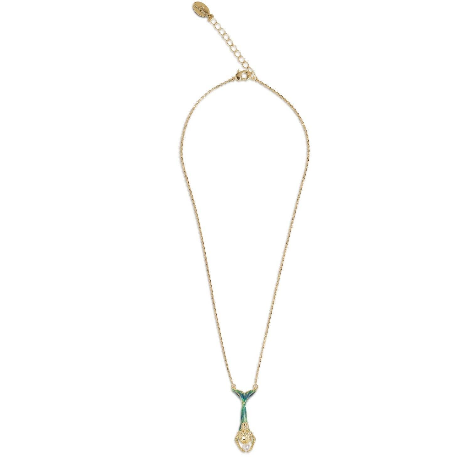 Gold and green enamel Mermaid Pendant with pearl on fine gold chain.