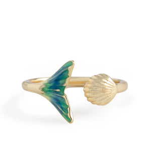 Bill Skinner Mermaid Tail Ring with gold-plated band, green enamel mermaid tail, and seashell detail.